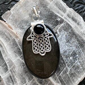 Gold Sheen Obsidian Black Onyx Hamsa Hand Crystal Pendant